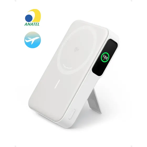 Carregador Portátil Indução Power Bank 10000mAh Bateria Magsafe Anker MagGo Qi2 Sem Fio Rápido 15W com Tela Inteligente e Suporte para iPhone 17/16/15/14/13/12 Branco