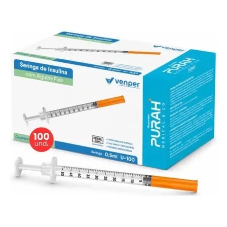 Seringa Insulina 1 ml Agulha Fixa Ultrafina 0,30mmx8mm Venper 100 Unidades