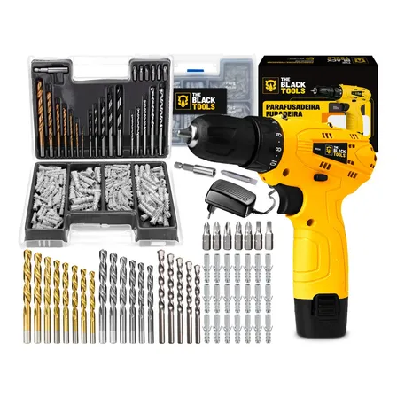 Furadeira Parafusadeira A Bateria 12V 3/8” 10mm Bivolt 350 Rpm The Black Tools + Jogo De Brocas Bits Buchas C/ 300 Peças