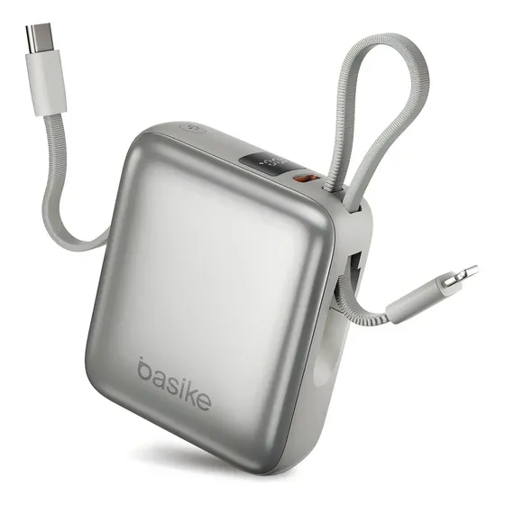 Carregador Portátil Power Bank Basike 10000mAh 22.5W Rápido 4 Saídas Cabo Embutido Display iPhone Samsung