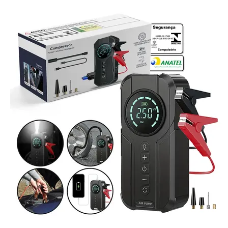 Mini Compressor de Ar Digital B&G Portátil para Carro, Moto e Bicicleta com Power Bank