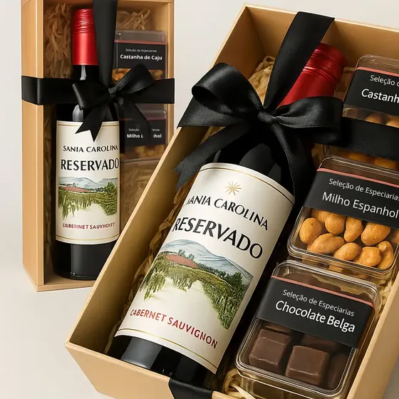 Presente Especial Cesta de Vinho Santa Carolina Cabernet Sauvignon + Petiscos Premium Castanhas, Milho Espanhol Defumado e Chocolate Belga. Para todas ocasiões!