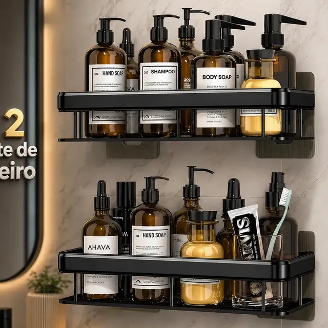 Kit 2 Suporte De Parede Porta Shampoo Banheiro Cosinha Universal Prateleira Inox Ventosa Adesivo Organizador Multifuncional Ak Acessórios