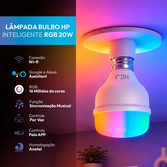 Lampada Led Smart Inteligente Wi-fi 2.4 Ghz Bulbo Hp 20w 2700k/6500k Rgb Colorido E27 110v/220v Cod: 291990301 Neo Avant
