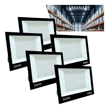 Kit Com 5 Refletor Led Holofote 300w Luz Branco-frio 6500k Resistente A Chuva Econômico Fácil De Instalar Carcaça Preta Ip66 Jardim Fachada Quintal 127/220v Preto