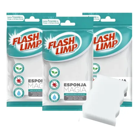 Kit 3 Esponja Magia Flash Limp Limpa Parede Tênis Prático Branco