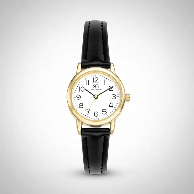 Relógio Feminino Dourado Saint Germain 24mm Correia Preta Caixa Dourada Fundo Branco Elegante Clássico Delicado Preto