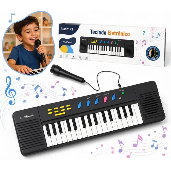 Teclado Infantil 32 Teclas Com Microfone Karaokê Brinquedo Presente Crianças Musical Educativo Kizumba Cor Preto