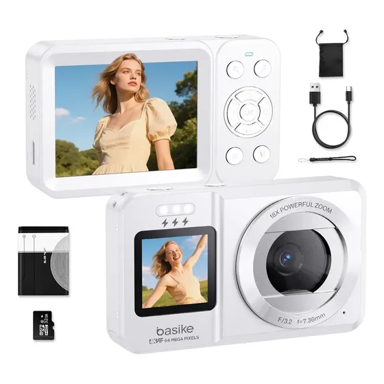 Basike Câmera Digital 4k Portátil Tela Dupla Ecrã Ips De 2,8 Polegadas Ultra Hd 64mp, Zoom 18x, Com Flash, Foco... Branco