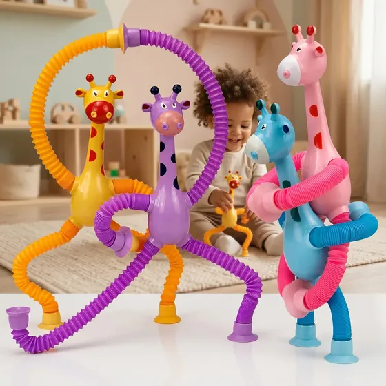Kit 4 Girafas Estica E Puxa Com Ventosa Brinquedo Sensorial Pop It Sensoriais Telescopica Tubo Led Alivio Anti-stress Toy Presente Infantil Kawaii Tiktok Louis Riel Acustico Sortido