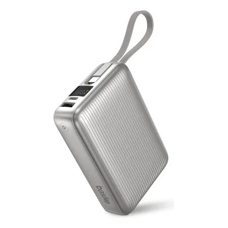 Basike Power Bank 20.000mah Rápido Portátil 45w Rápido Com Display Cor Branco Power 3-saídas Com Cabo Embutido Usb-c Para Samsung iPhone Xiaomi Motorola Celular Tablet Macbook B203/B202 - Prata
