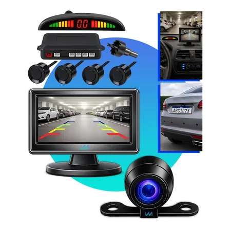 Kit Tela Monitor Lcd 4,3 '' + Câmera De Ré Automotiva Universal Borboleta Hd + Sensor De Ré Estacionamento Com Visor Segurança Veicular Visão Noturna Aviso Sonoro Wmix Eletronicos Preto
