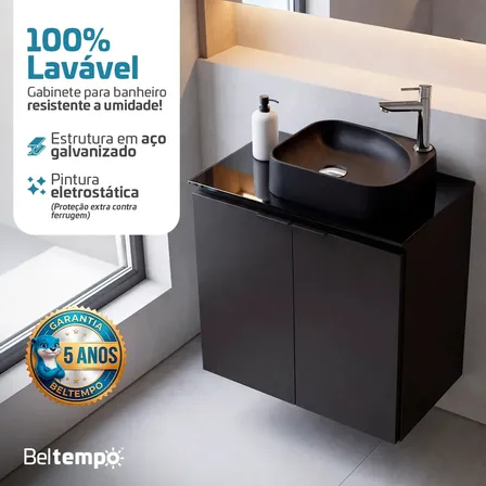 Gabinete Banheiro Aço Galvanizado Suspenso Com Cuba de Apoio Preto 62x36 Hera Beltempo