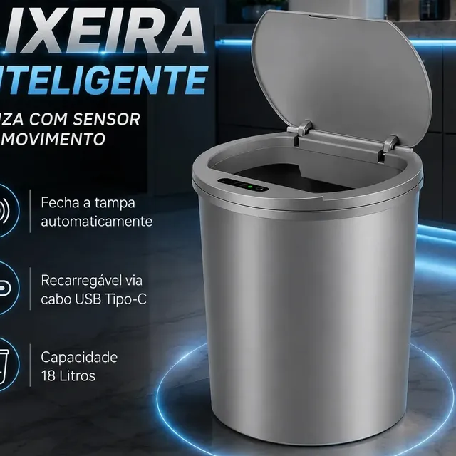 Lixeira Inteligente Automática Cinza Universal Com Sensor Recarregável Earman Company Anti Odor 16l Recarregável Usb Abre Sozinha