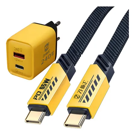 Cabo Tipo C 65W 6A Turbo Nylon Trançado 1,5m + Carregador GaN USB-C+USB-A Universal ZHIKE Carga Rápida