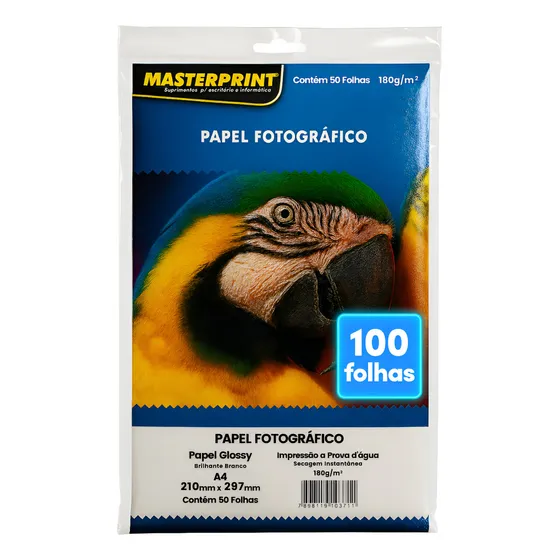 Papel Glossy 180g A4 Fotográfico Branco Masterprint 100 Folh Branco