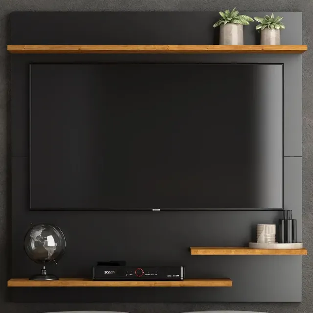 Painel Suspenso Preto/nature Para Tv Até 32 Com Prateleiras Mdp