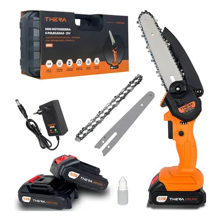Mini Motosserra Elétrica 6 Polgadas Thera 21v 1300w Portátil Recarregável Com Duas Baterias 2000 Mah E Maleta Laranja 220v 50 Hz/60 Hz