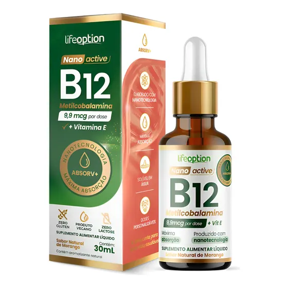 Vitamina B12 Sublingual em Nanotecnologia Líquida | Life Option | forma ativa Metilcobalamina | Sabor Natural Morango | 30mL