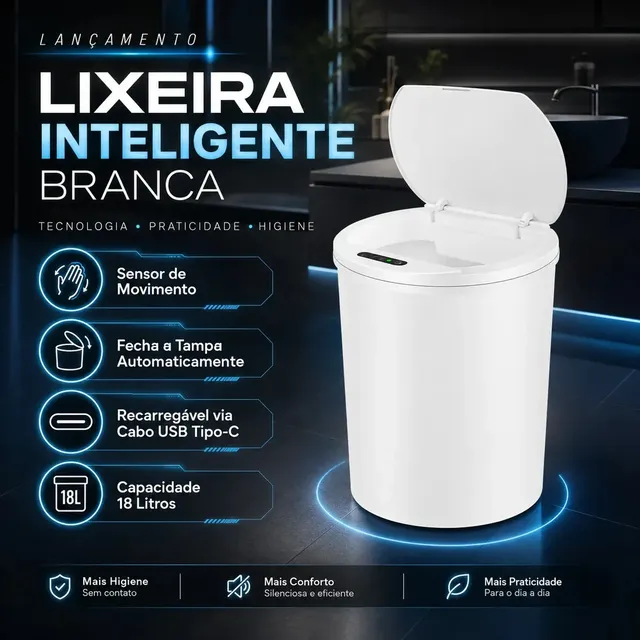 Lixeira Inteligente Automática Branca Com Sensor Anti Odor 16l Recarregável Usb Abre Sozinha Branco