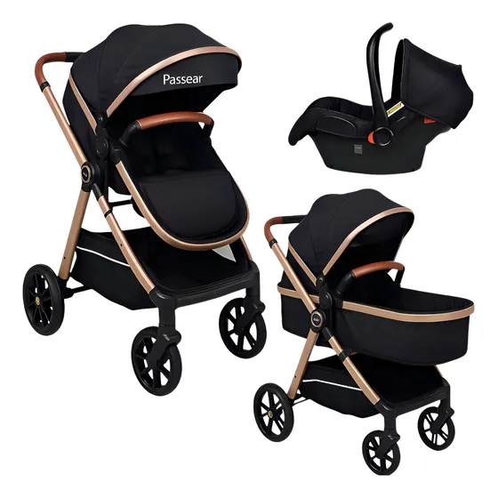 Carrinho De Bebê Passear Baby Apolo Preto Dourado 6 Em 1 Assento Reversível