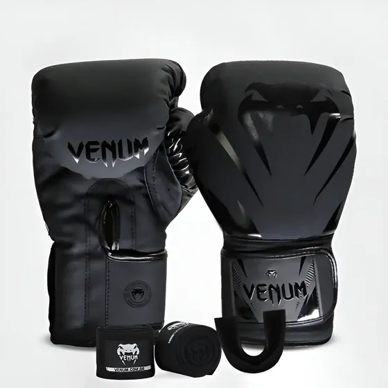 Combo Venum New Impact Evo Dark (luva+ 2m Bandagem+ Bucal) Cor Preto Tamanho 14oz