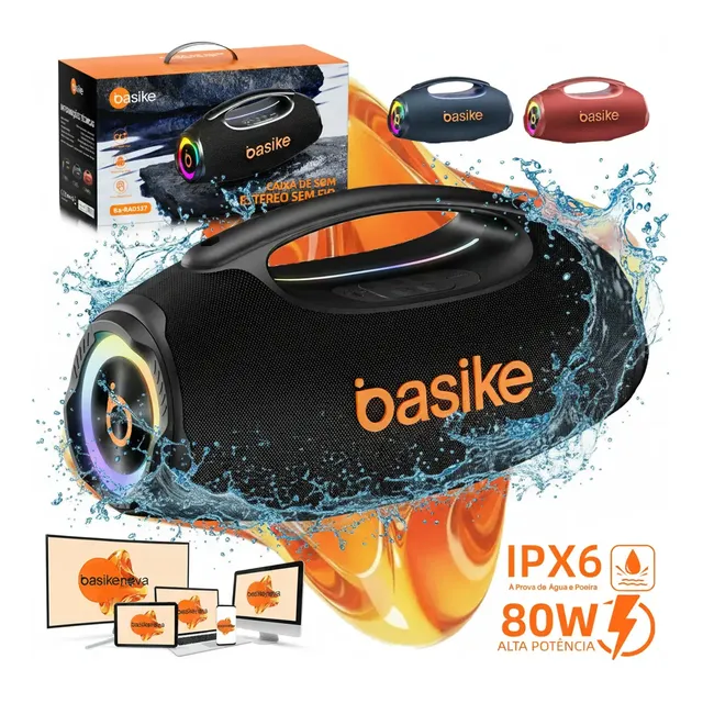Basike Caixa De Som Portátil Com Bluetooth Boombox 80w 8000mah 10hrs Sem Fio Ipx6 À Prova D'água Com Bateria... 5v Preto