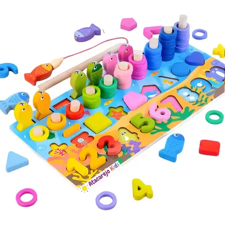 Brinquedo Educativo De Encaixe Madeira Pega Peixe Montessori Colorido