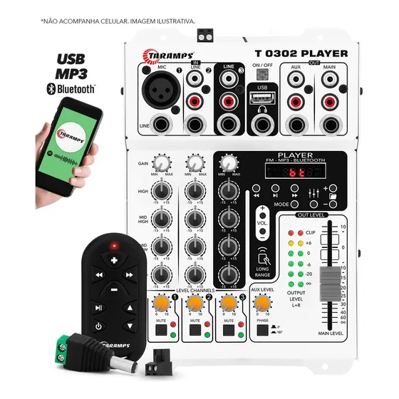 Mesa de Som Taramps T0302 Player Bluetooth USB XLR com Equalizador de 3 Canais