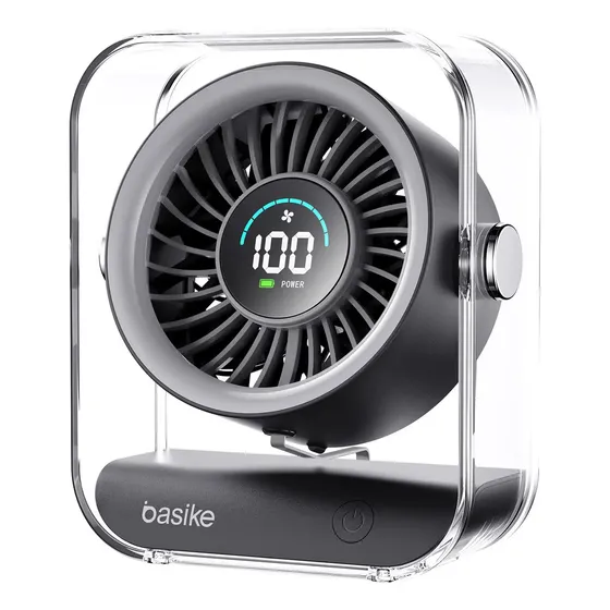Mini Ventilador Portátil Basike de Mesa Recarregável Com Base e LED, Preto