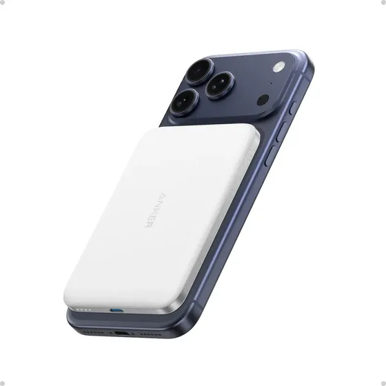 Carregador Portátil Indução 5000mAh Power Bank Anker Ultra Fino Magnético Sem Fio Qi2 Carga Rápida 15W MagSafe Para iPhone 17/16/15/14/13/12, Samsung,Xiaomi, USB-C 20W Carga Rápida Compacto Cor Branco