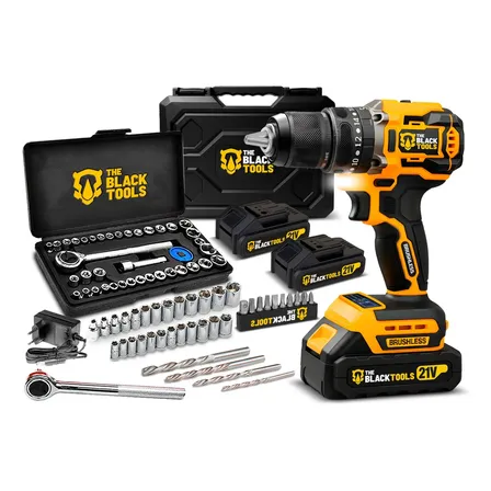 Parafusadeira Furadeira De Impacto Brushless Sem Fio 2 Baterias 21v Com Maleta Jogo De Soquetes 40 Peças The Black Tools