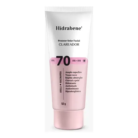 Hidrabene Protetor facial Solar FPS 70 Toque Seco Antissinais Clareia a pele 50g