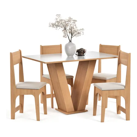 Conjunto Mesa de Jantar 4 Lugares com Cadeiras Estofadas Tampo Retangular Semelhante Vidro Base V Mel Branco Off White