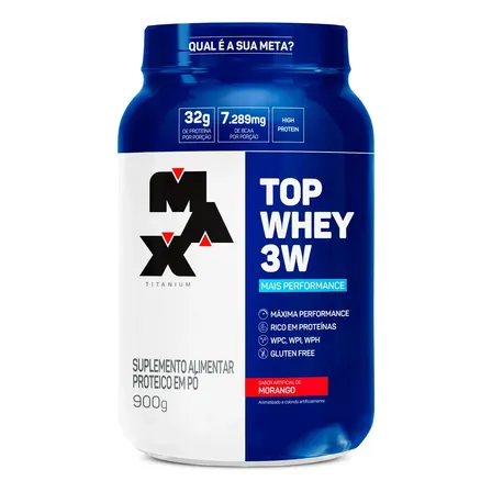 Top Whey 3w Mais Performance 900g Max Titanium Whey Concentrado Sabor Morango