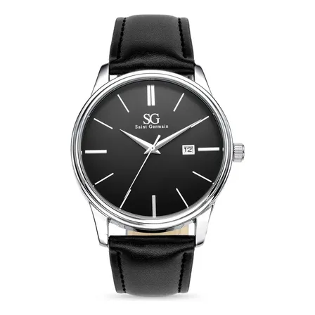 Relógio Masculino Chrowl Saint Germain Pulseira Couro Caixa Prateada Fundo Preto 42mm Clássico Prateado