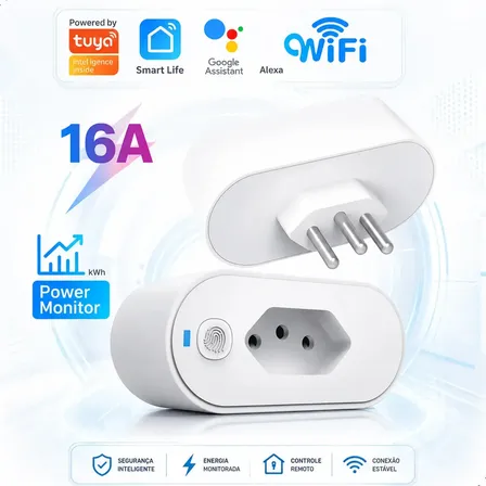Tomada Inteligente Smart Wifi Controle Automação 16a Wi-fi Bivolt Com Monitor De Consumo Compatível Com Alexa, Google Home, Tuya E Smart Life | Automação Residencial Smart Plug Branco