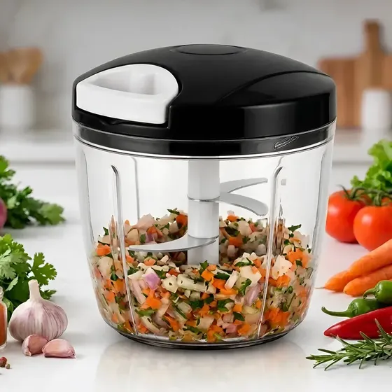 Processador Manual Souleve 5 Lâminas Inox 900ml Para Alho Cebola Frutas Legumes Temperos Cortador Triturador Fatiador Picador Moedor Preto