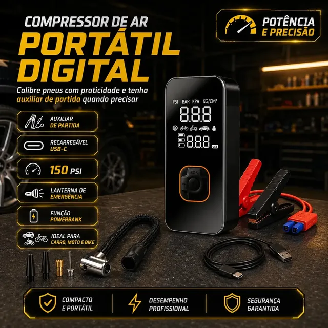 Auxiliar Partida Bateria Compressor Ar Emergência Portátil Portátil Compressor Ar 10000mah Veicular 12V Power Bank