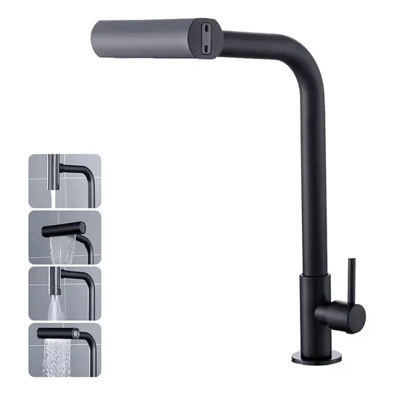 Torneira Cozinha Bancada Inox 304 Água Fria Bica Alta Gourmet 4 Modos De Água Estilo Cascata Torneira Pia Cozinha Moderna Flexível Cor Preto Premium Para Cuba Gourmet