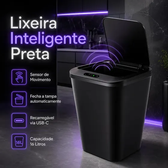 Lixeira Automática Inteligente Smart 16l Preto Sensor Banheiro Cozinha Estilo Moderno