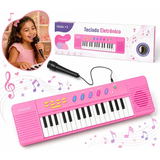 Teclado Infantil 32 Teclas Com Microfone Karaokê Brinquedo Presente Crianças Musical Educativo Kizumba Cor Rosa