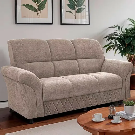Sofá 3 Lugares Cama Inbox Mourato 187cm De Largura Em Bouclé Bege Claro Capitonê