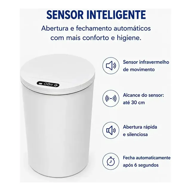Lixeira Inteligente Com Sensor 16l Cor Branco Durável E Moderna Para Residencial E Comercial