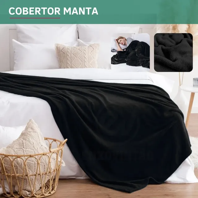 Manta Microfibra Soft Casal Antialérgica Veludo Toque Macio Quentinha Conforto Prolongado Cor Preto Premium Liso