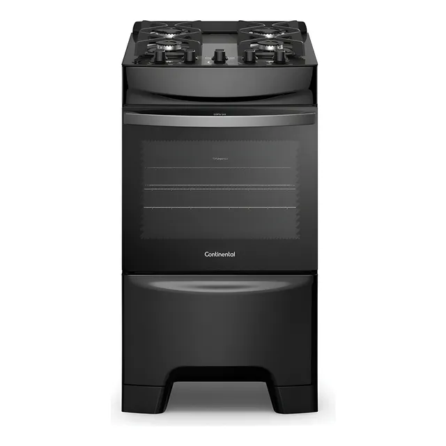 Fogão 4 Bocas Continental Preto Mesa De Vidro, Forno Eco Turbo E Grades Ferro Fundido (fc4gb) - Bivolt 127/220v