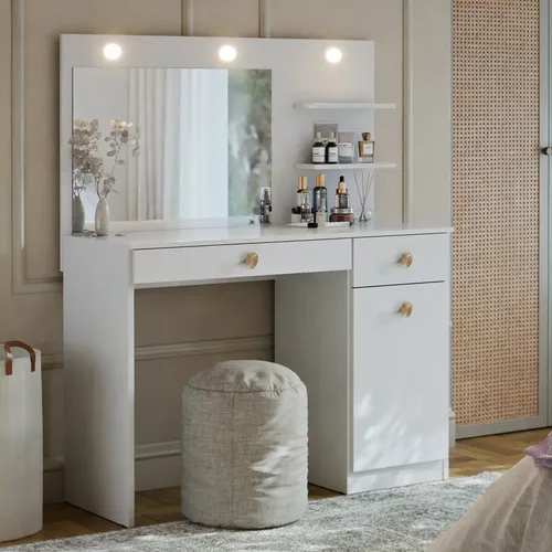 Penteadeira Camarim Jolie Com LED Espelho E 2 Gavetas Organizadora Maquiagem Para Studio E Quarto Cor Branco