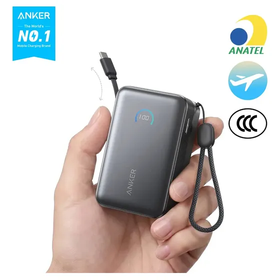 Carregador Portátil Power Bank 10000mAh 45w Anker Cor Preto Com 3 Ports 1 Cabo Usb‑C Retrátil Display Inteligente Carga Turbo Rápida Compatível Com iPhone 17/16/15, Samsung, Macbook, AirPod, Com CCC