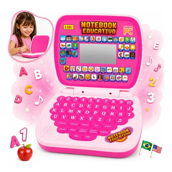Laptop Notebook Infantil Educativo Menino Menina Estudo Bilingue Inglês Português Notebook Presente Kizumba Cor Rosa