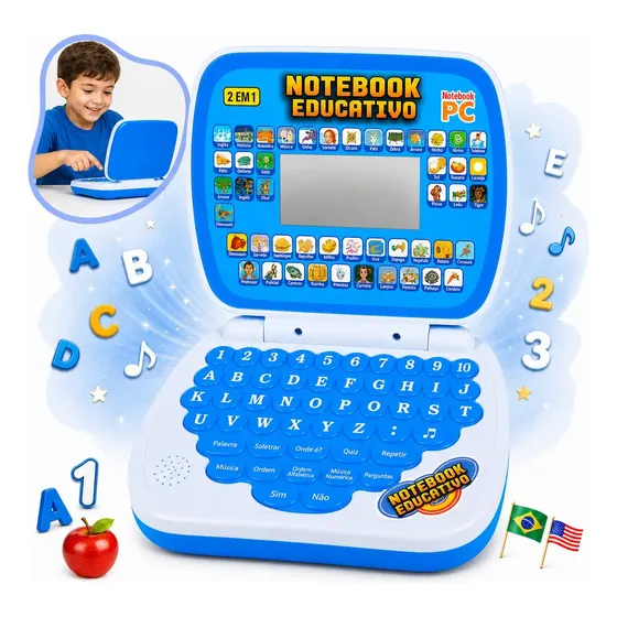 Laptop Notebook Infantil Educativo Menino Menina Estudo Bilingue Inglês Português Notebook Presente Kizumba Cor Azul
